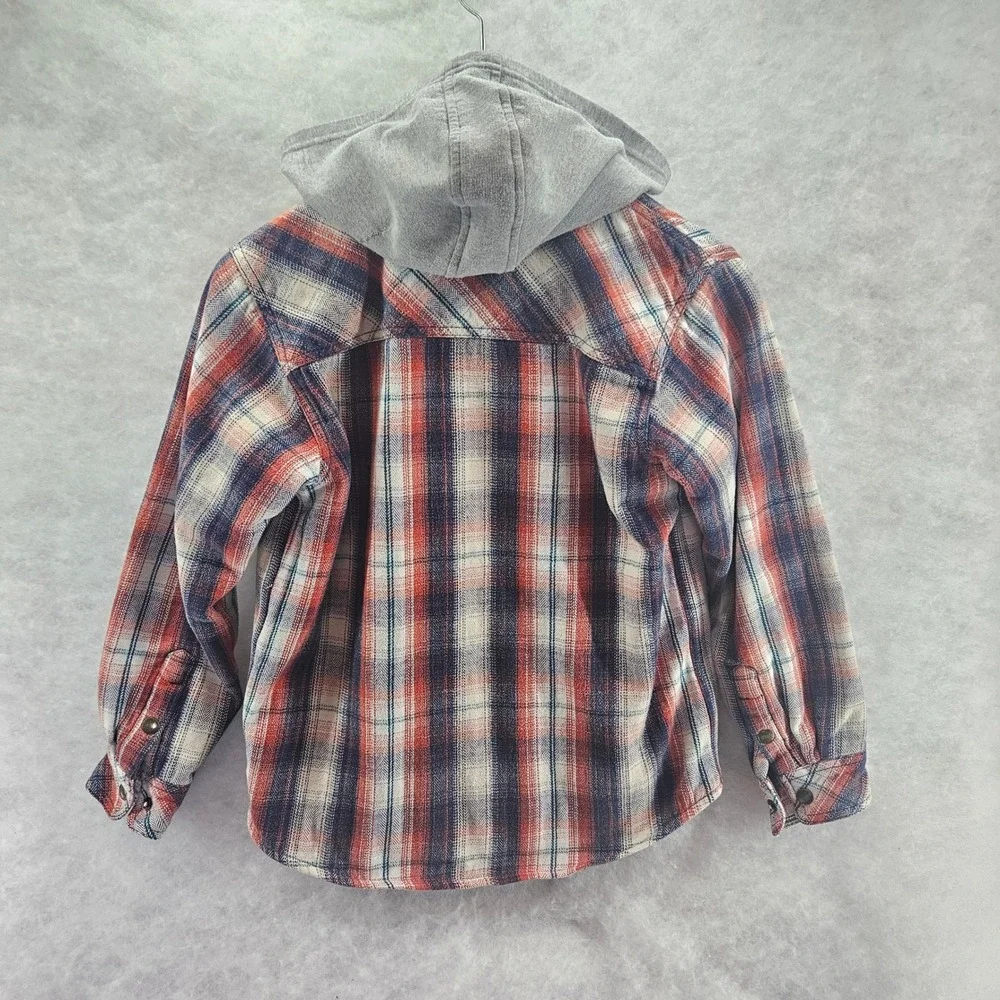 Ariat Boys Hooded Flannel Grey Orange Blue Shirt Jacket Plaid Button Down Medium
